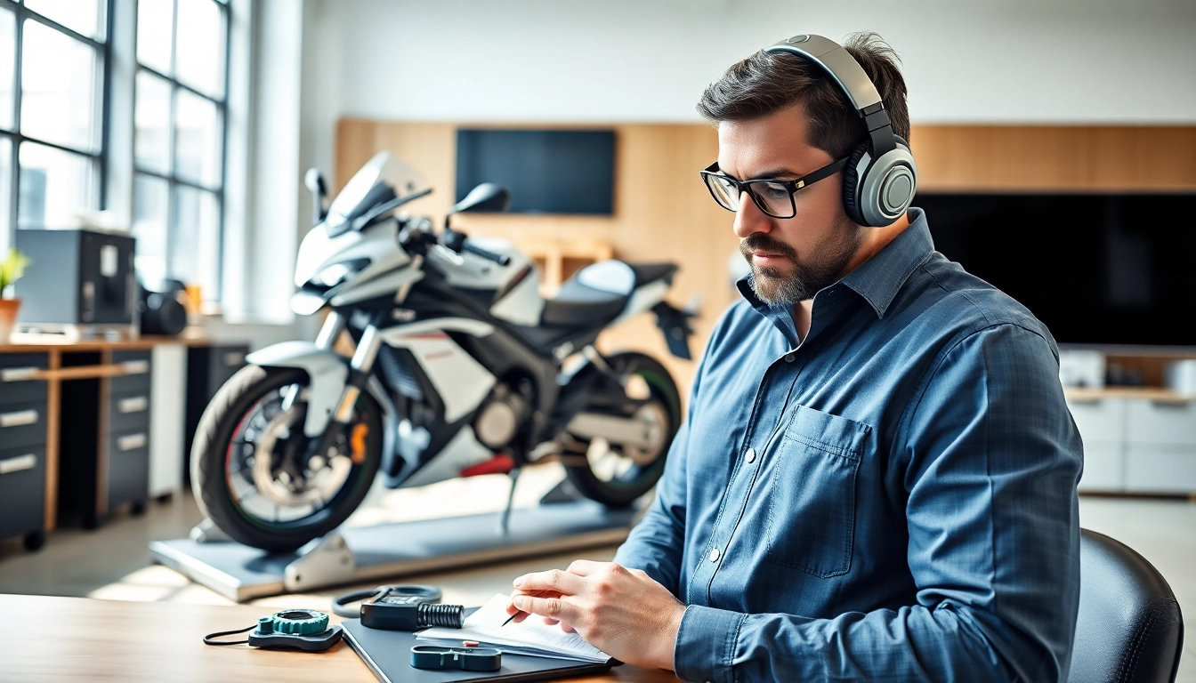 Motorrad Gutachter bei der Motorradbewertung in einem modernen Büro mit Wertungswerkzeugen.