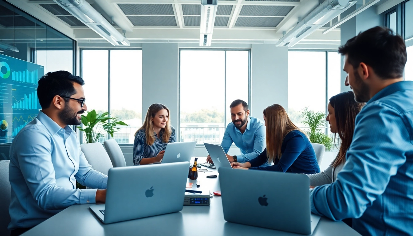 Online Marketing team discussing strategies in a modern office with digital displays.