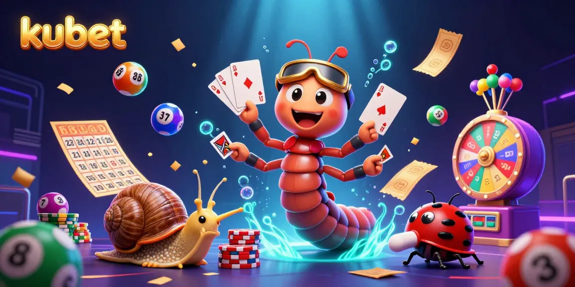 Kubet's 3D casino scene showcases a vibrant cartoon millipede dealer in action with lottery elements and glimmering prizes.