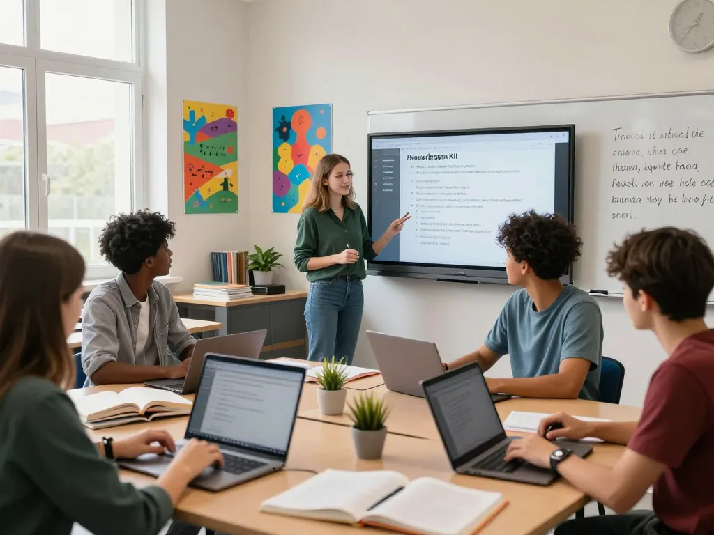 Schüler, die Hausaufgaben KI in einem modernen Klassenzimmer verwenden und kollaboratives Lernen präsentieren.