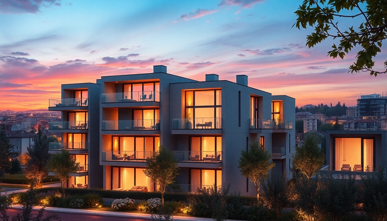Architekturvisualisierung eines modernen Wohnhauses mit detaillierter Stadtlandschaft und einladender Atmosphäre.
