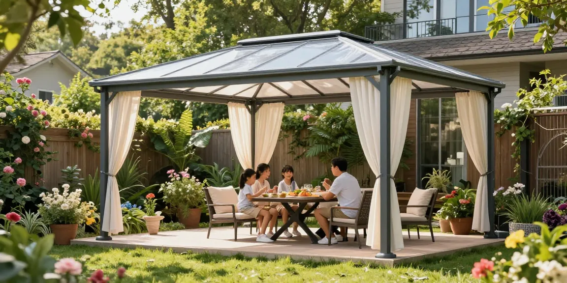 Terrassenüberdachung freistehend im Garten mit Familie, grüne Umgebung und Sonnenschein.