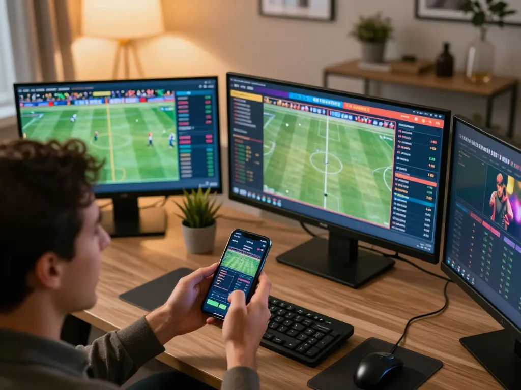Watch link F168 featured in an active online sports betting scene with excited user engaging via smartphone.