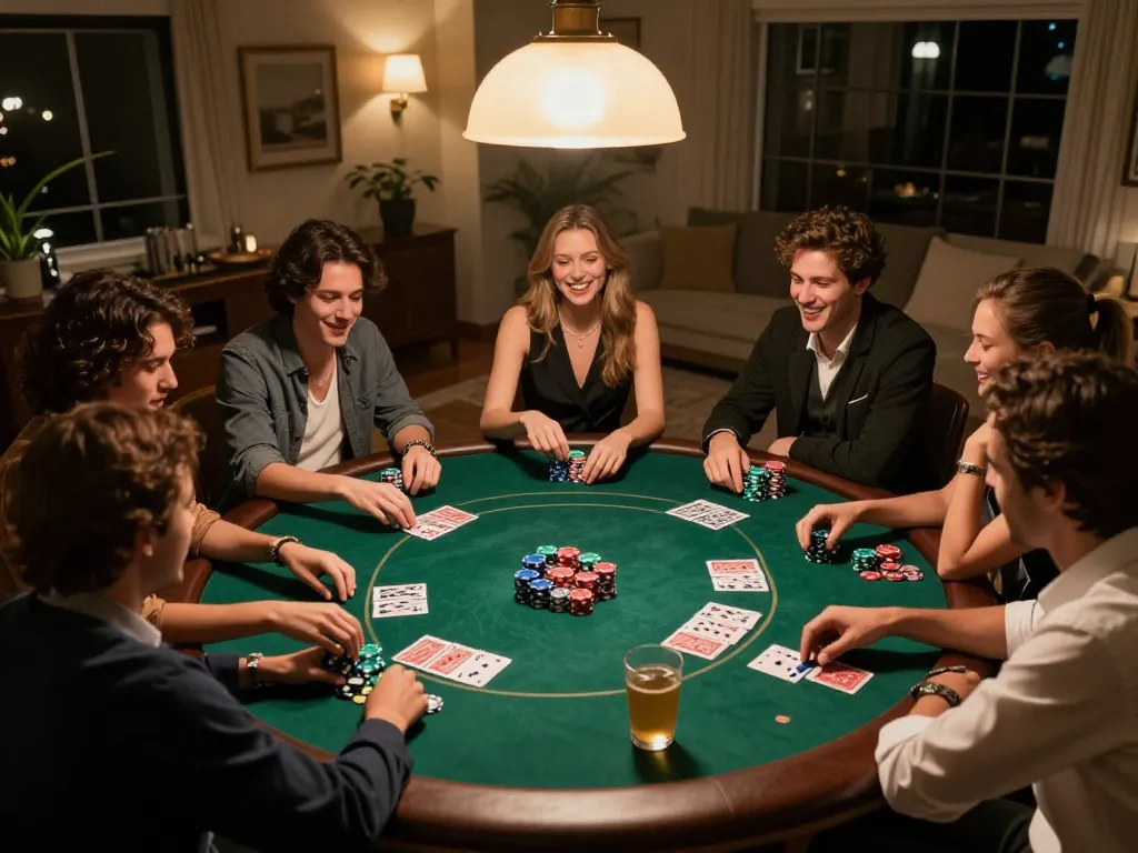Friends engaging in a competitive poker game at home, showcasing f168 community spirit.