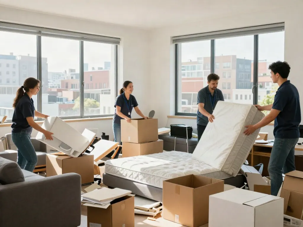Entrümpelung Berlin: Professionelles Team bei der Wohnungsentrümpelung mit Möbeln und Kartons.