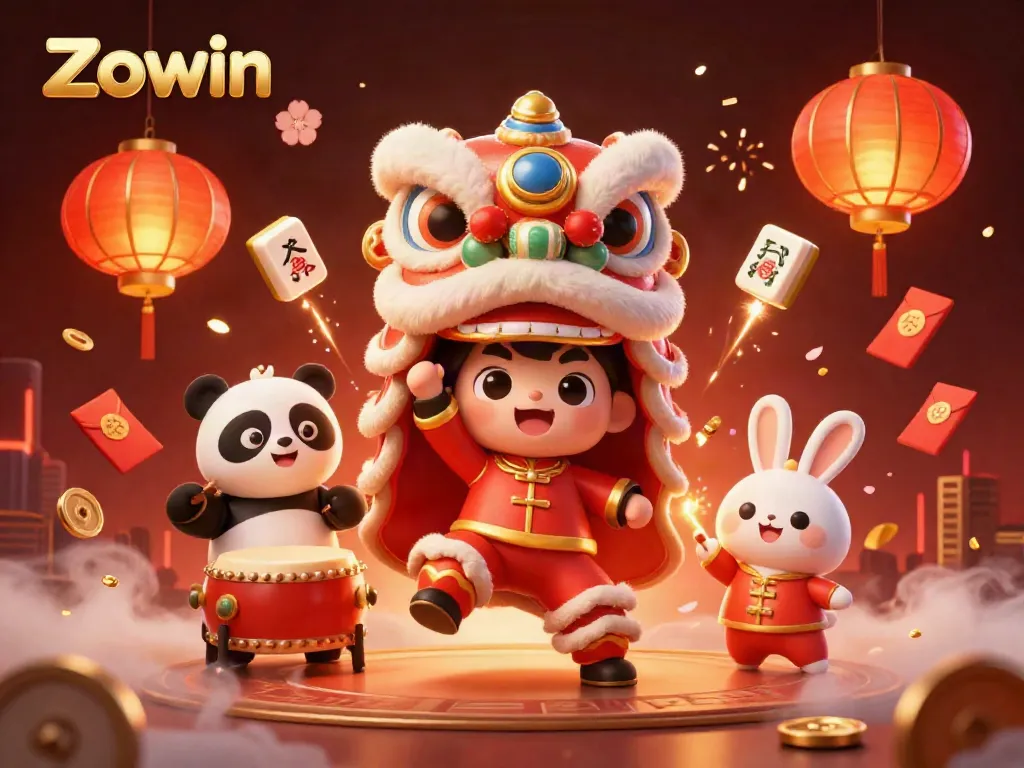 Zowin transforms gaming experiences with a lively dragon dance and festive decorations, highlighted in a dynamic casino scene.