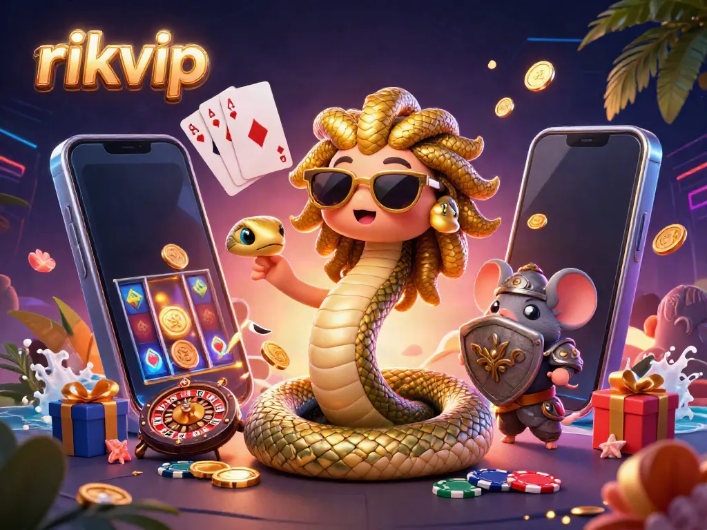 Engaging scene showcasing rikvip's dynamic gaming elements with Medusa and a warrior mouse amidst vibrant casino visuals.