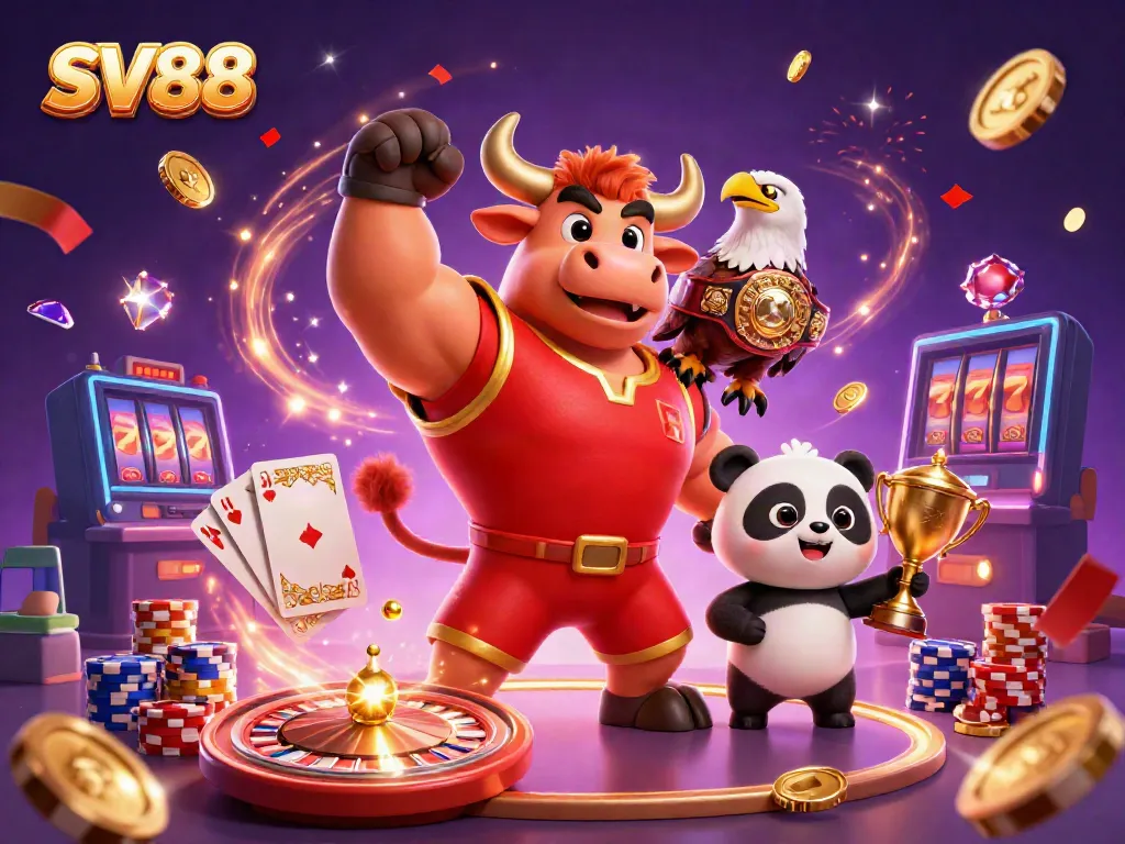 Celebrate wins with SV88 while enjoying a victorious scene of a bull mascot, eagle, and panda amidst casino elements.