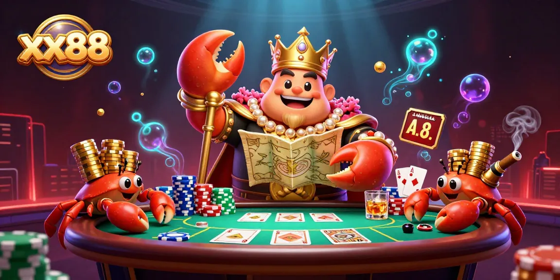 Bet on exciting wins with xx88 featuring a captivating 3D crab emperor and poker elements.