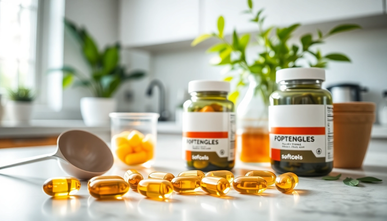 Vegane Nahrungsergänzungsmittel in Form von Softgels, stilvoll auf einer Arbeitsfläche präsentiert.