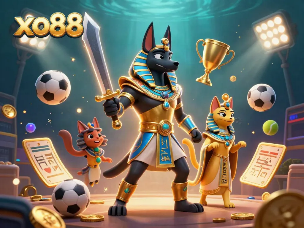 Engage in thrilling gameplay with xo88's ancient Egyptian warrior Anubis and cat Bastet amidst floating gaming elements.