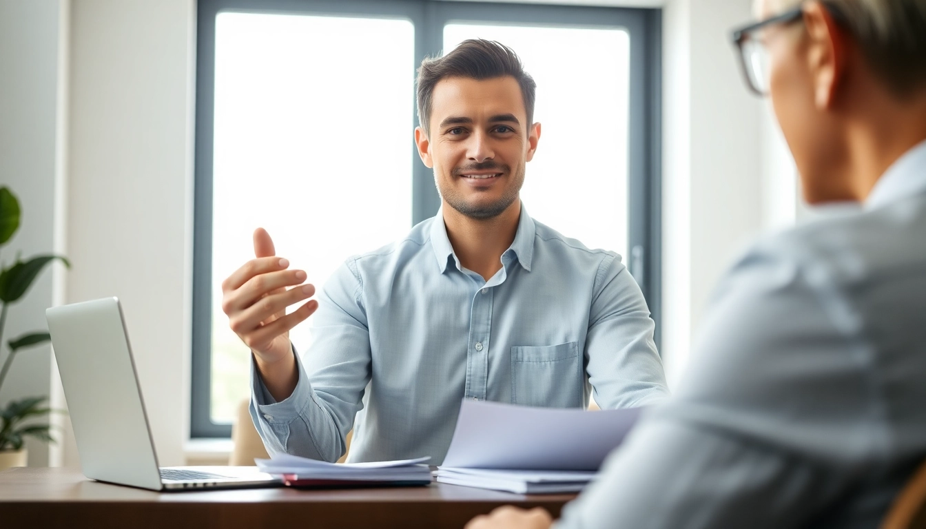 Flexible Finanzierung Optionen von einem Finanzberater in einem modernen Büro präsentieren.