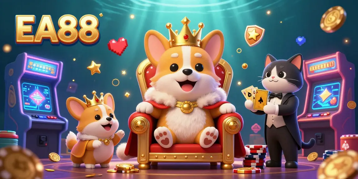 EA88 promotional illustration featuring a royal corgi and cat butler surrounded by vibrant gaming elements.
