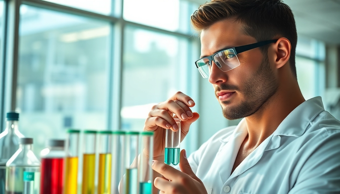 HGH kaufen: Fitnessenthusiast analysiert HGH in einem Labor mit Testgeräten.