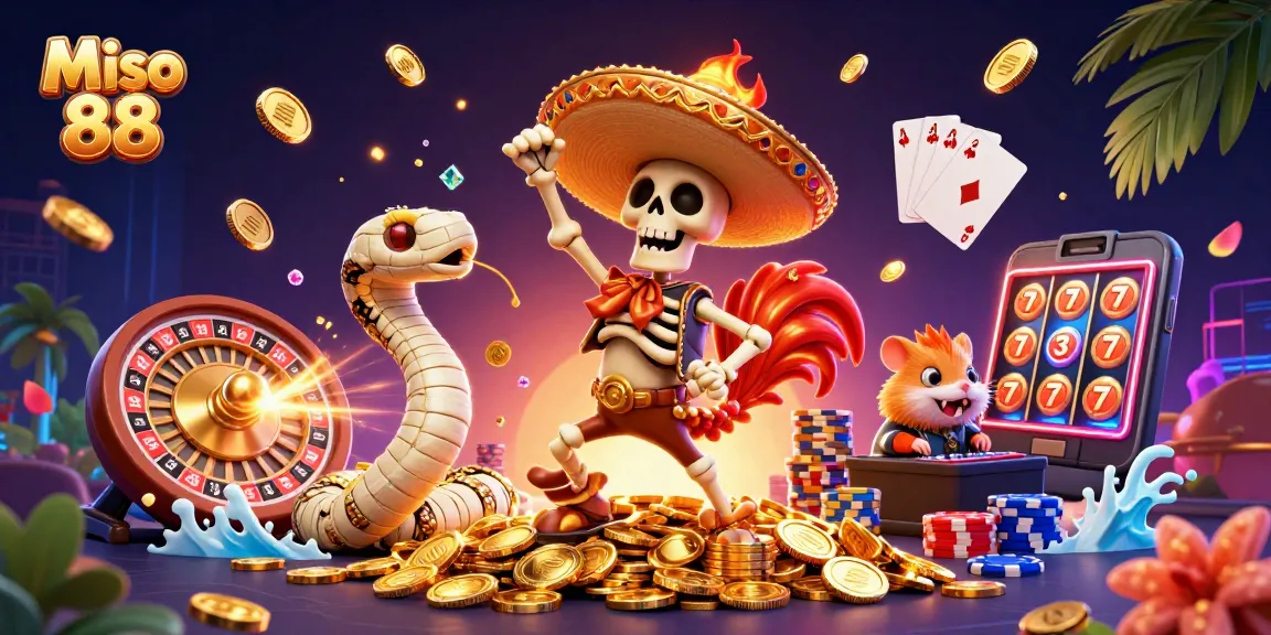 Miso 88 showcases a vibrant scene with animated characters celebrating casino wins amidst golden coins and sparkling gems.
