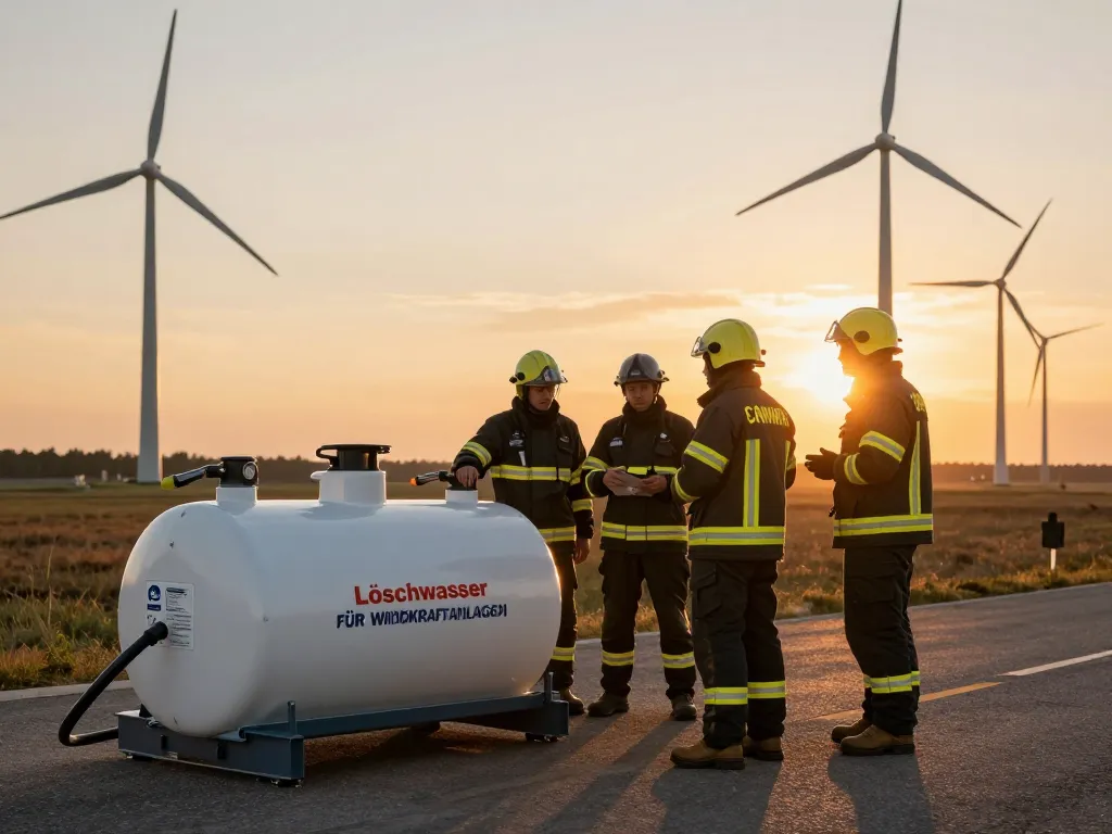 Feuerwehrteam bewertet ein tragbares Löschwasser für Windkraftanlagen-System in einem Windpark