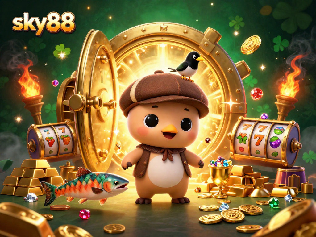Experience thrilling action at sky88 with cartoon characters celebrating big wins in a colorful casino scene.
