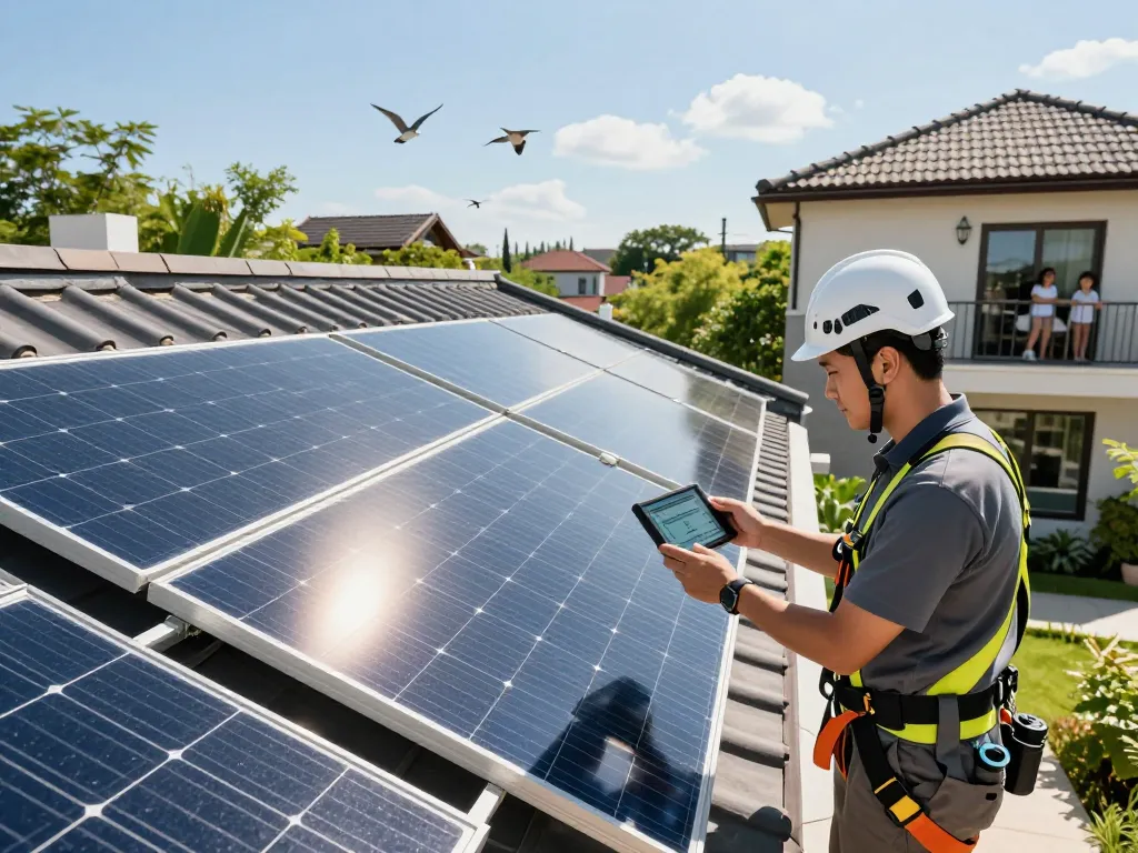 Wohngebäude mit Photovoltaik Wien Solarmodulen, die von einem Techniker inspiziert werden, und nachhaltiges Wohnen zeigen.