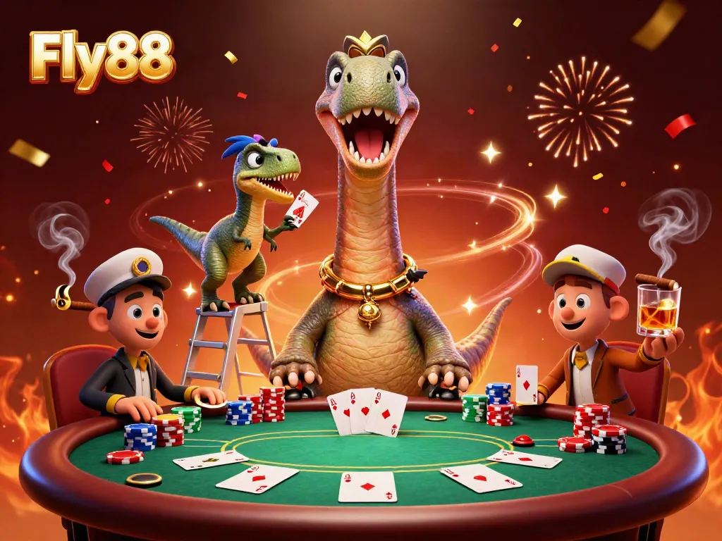 Experience the exhilarating Fly88 casino atmosphere with a towering brontosaurus and a clever raptor dealer.