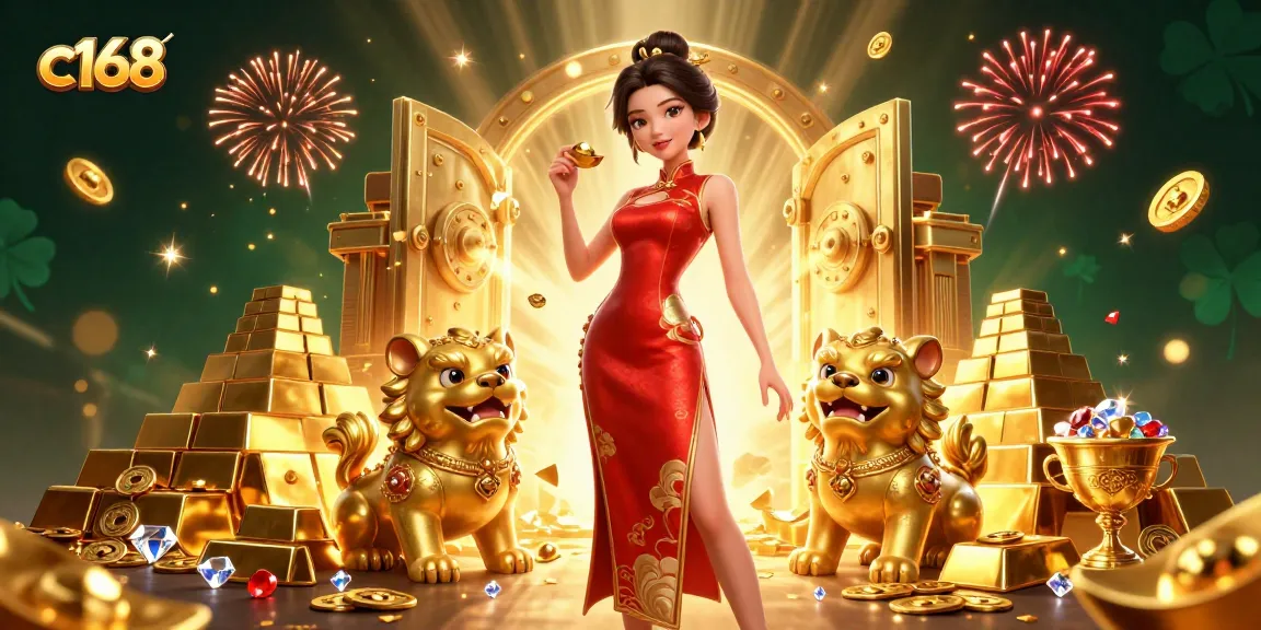 Join the c168 adventure with a glamorous scene of a woman in a cheongsam and vibrant casino elements.