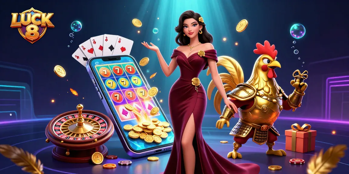 Experience exhilarating gameplay with LUCK 8 in this vibrant casino-themed illustration.