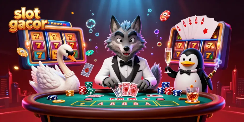 Experience the thrill of slot gacor with a vibrant scene of a debonair wolf, elegant swan, and penguin at a casino table.