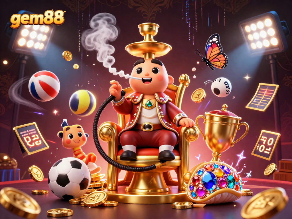 Experience gem88's thrilling gaming with a majestic caterpillar hookah-master surrounded by vibrant casino elements.
