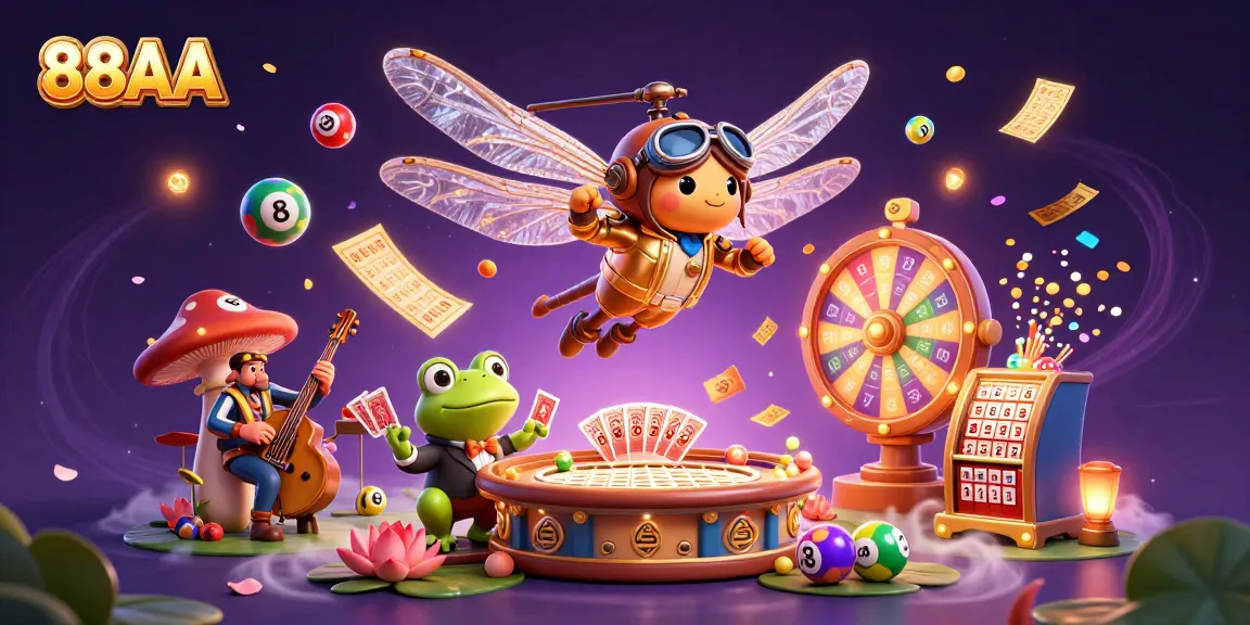 Engage in thrilling gameplay with 88AA's vibrant lottery scene featuring a dragonfly pilot and a frog croupier.