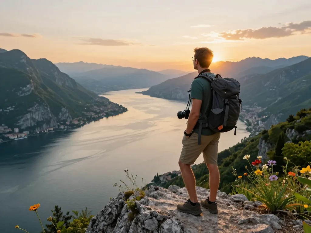 Entdecken Sie atemberaubende Ausblicke während Ihres Urlaubs am Gardasee, mit einem Reisenden, der den Gardasee bei Sonnenuntergang überblickt.