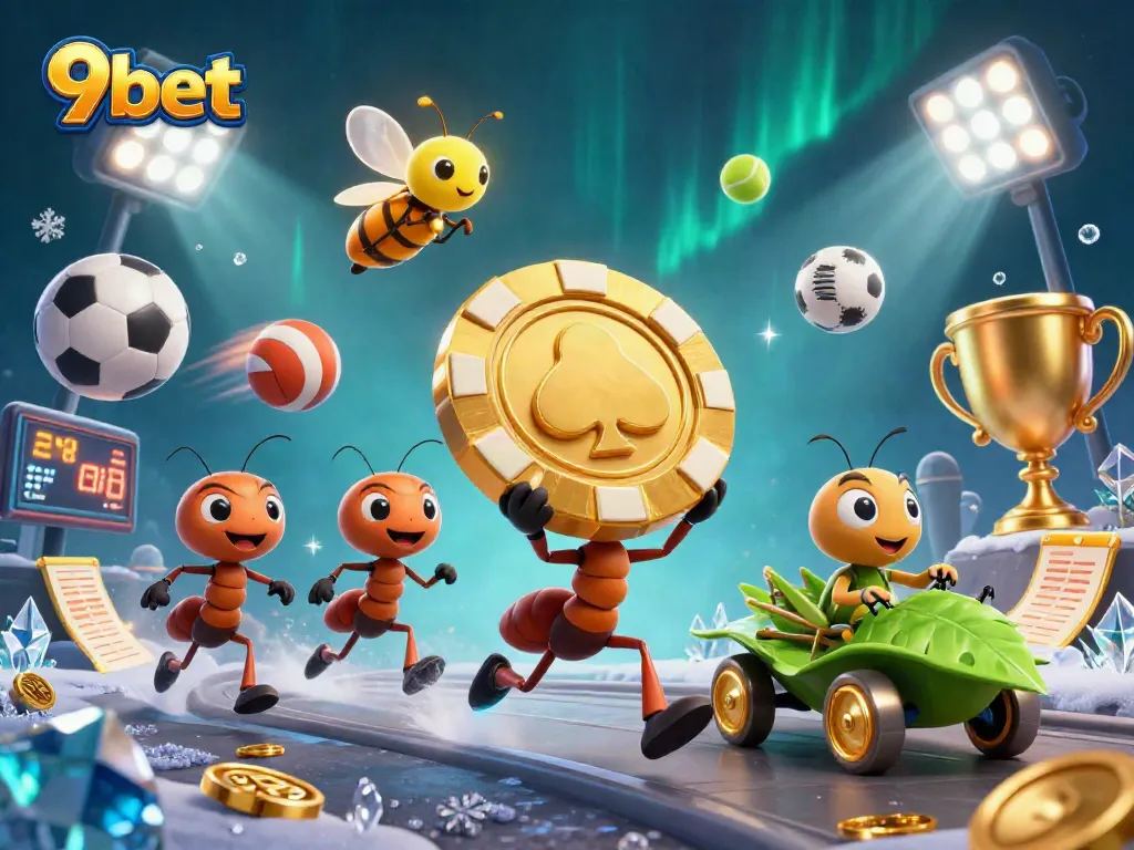 Win big with 9bet as ants carry a giant poker chip through a vibrant, colorful scene filled with gaming action.