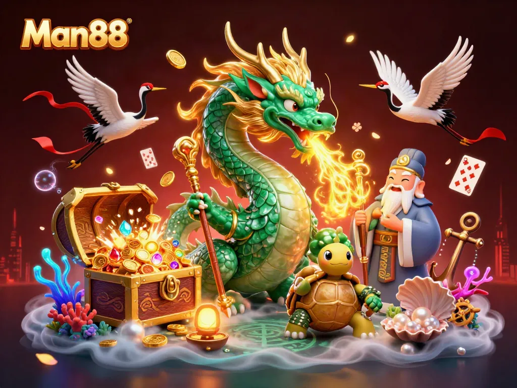 Experience thrilling wins at Man88 with a vibrant dragon and turtle sage amidst sparkling treasures.