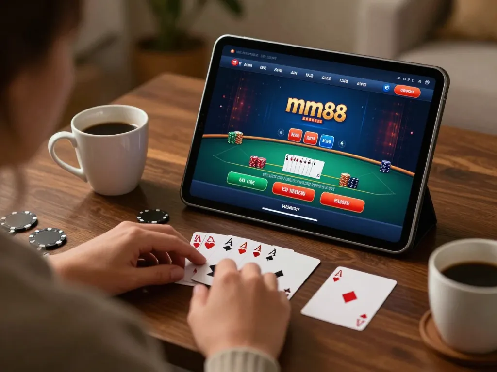 Engaging in online blackjack at home using the mm88 link for strategic betting.