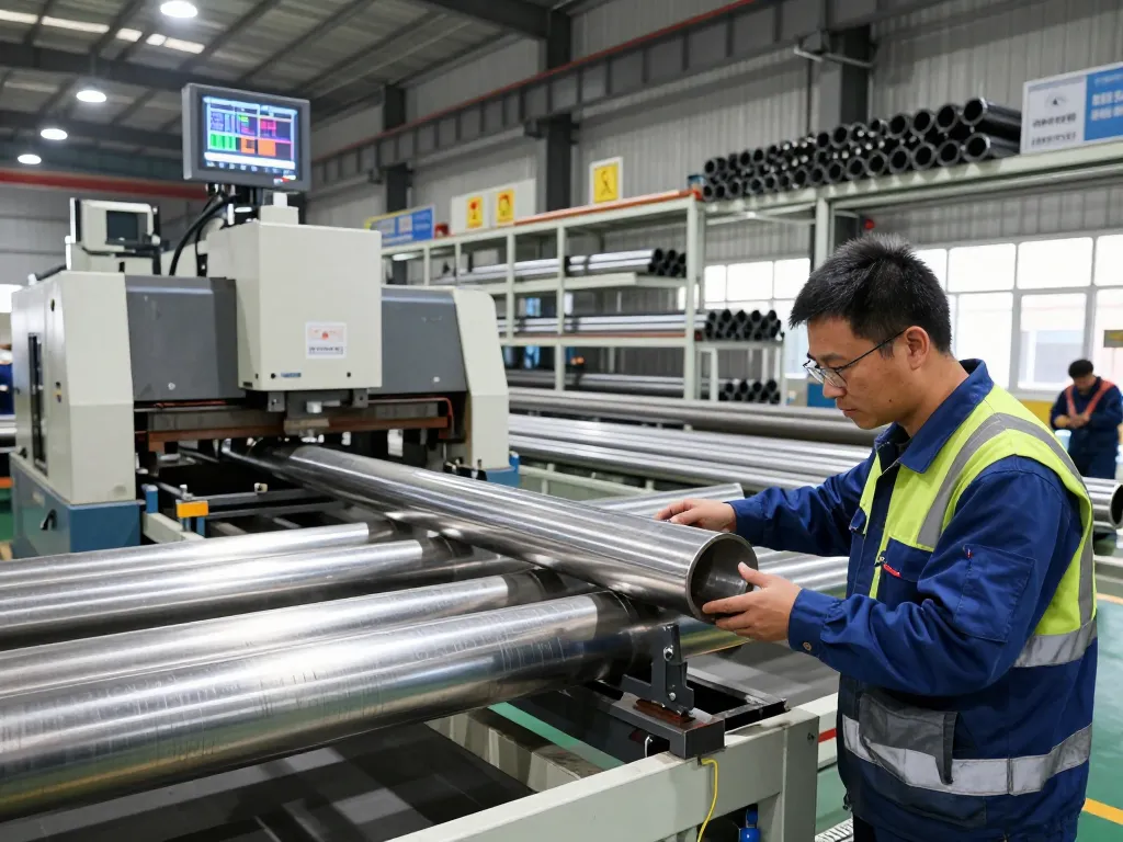 Skilled worker inspecting sumwin stainless steel pipes in modern manufacturing facility.