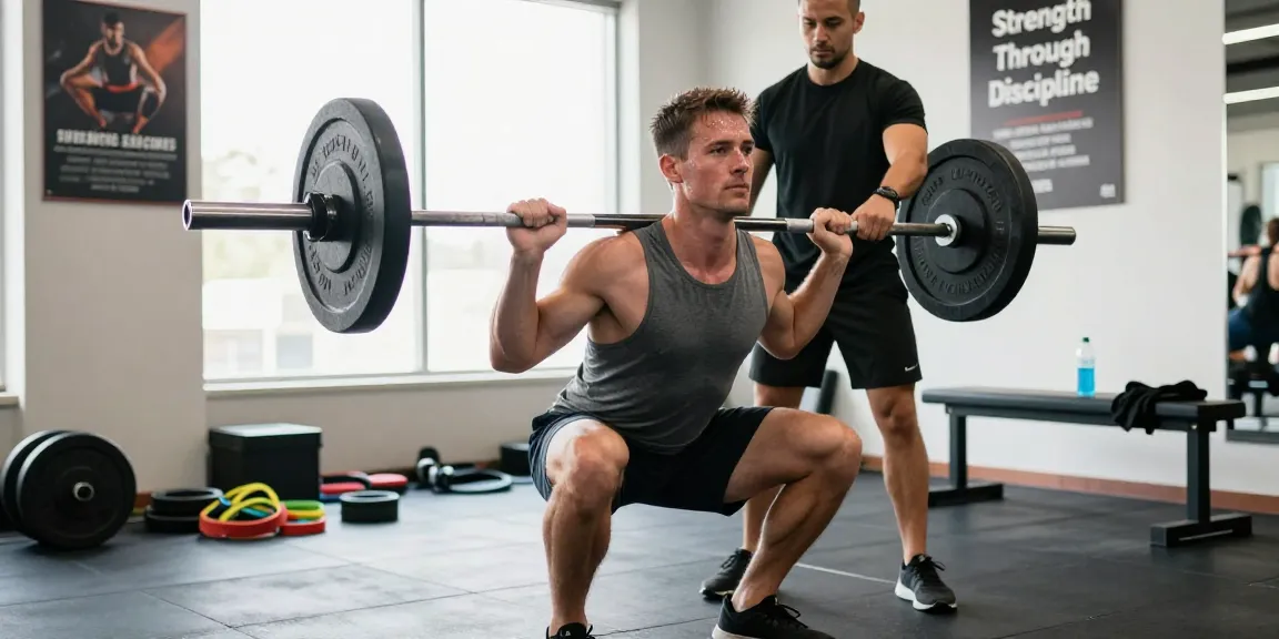 Athletischer Mann trainiert im Steroidshop Fitnessstudio und zeigt perfekte Kniebeuge-Form.