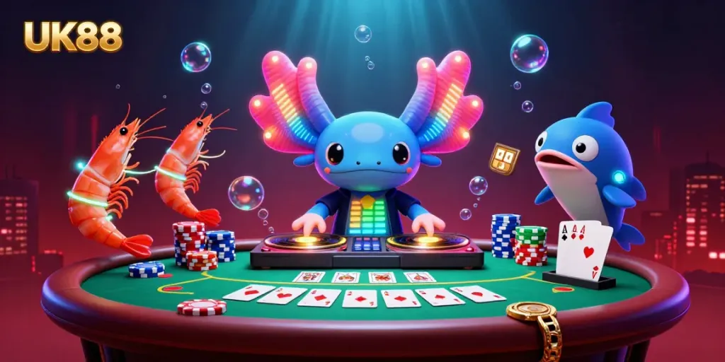 Experience UK88 with a dynamic DJ axolotl and vibrant poker scene filled with color and excitement.