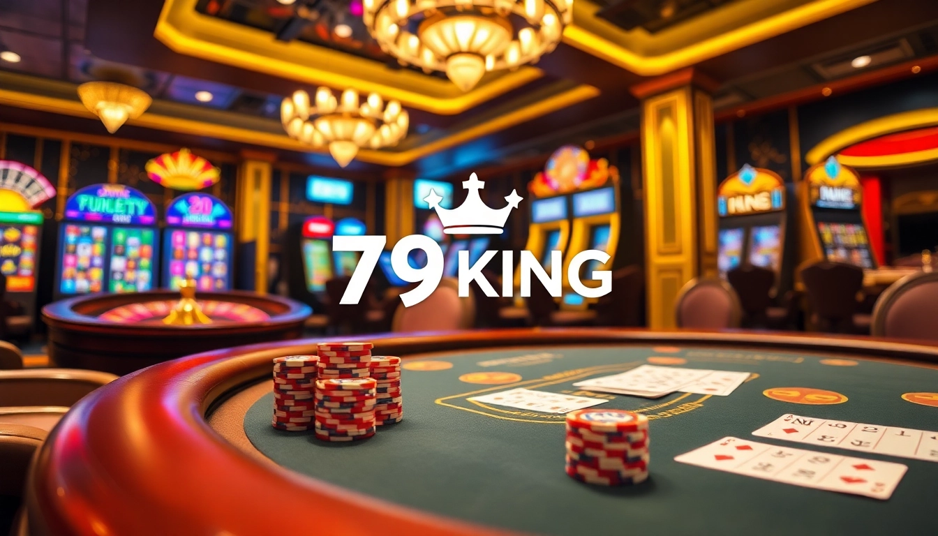A lively casino scene showcasing the excitement of Nhà cái 79KING with poker games and vibrant slot machines.