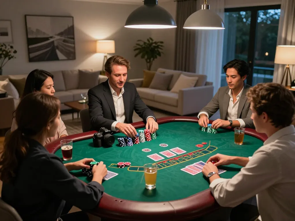 Người chơi LUCK8 đặt cược tại bàn blackjack ở nhà, không khí chơi game xã hội với chip và bài