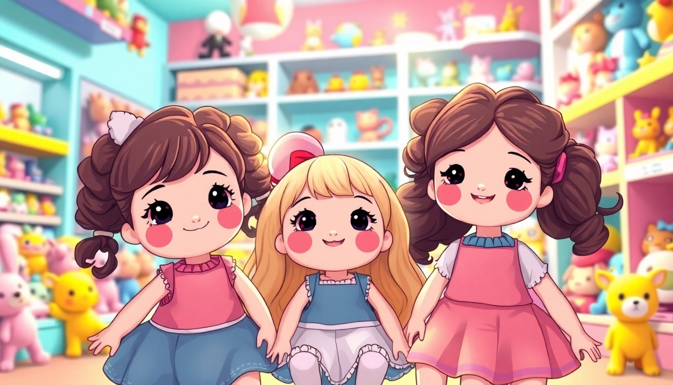 Entdecken Sie die einzigartigen Gutdolls in einem lebhaften Spielzeugladen mit bunten Regalen.
