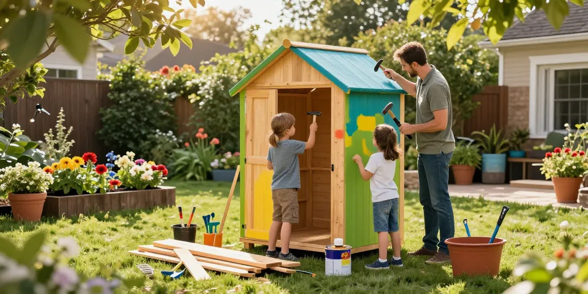 Familie baut ein Gartenhaus aus Holz im eigenen Garten, umgeben von blühenden Pflanzen.