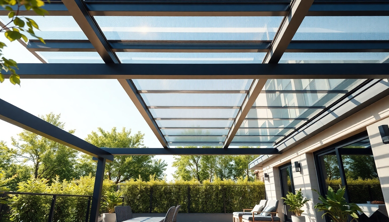 Terrassendach in einem modernen Garten, der durch Sonnenlicht beleuchtet wird.