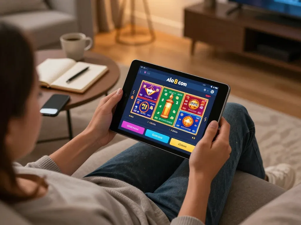 Person exploring the alo8 com casino app on a tablet while enjoying a cozy home gaming atmosphere.