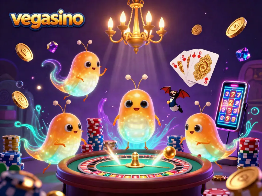 Engage in thrilling gaming at vegasino with animated glowworms lighting up a vibrant casino scene.