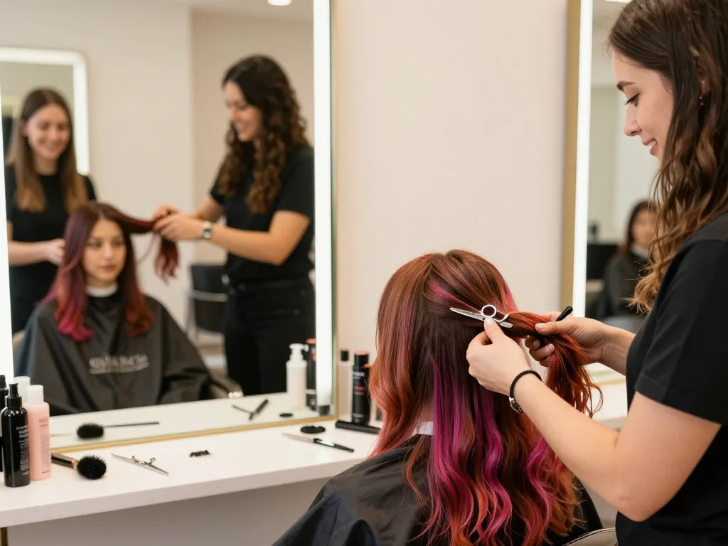Cliente recibiendo un peinado en una peluquería con un estilista profesional en un ambiente vibrante de salón.