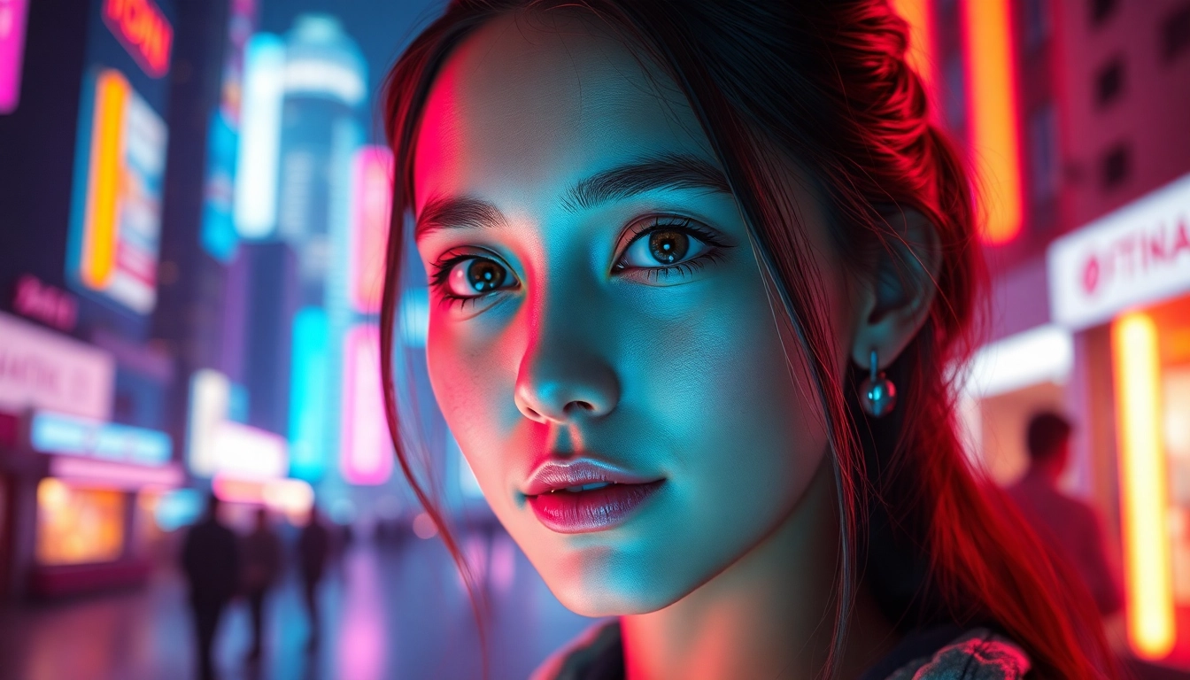 Eine AI-Girlfriend lächelt freundlich und zeigt futuristische Eigenschaften in einer digitalen Stadt.