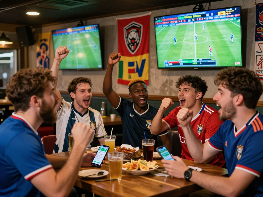 Wetten Fußball in einem lebhaften Sportbar mit engagierten Fans und aktuellen Wettquoten auf den Bildschirmen.