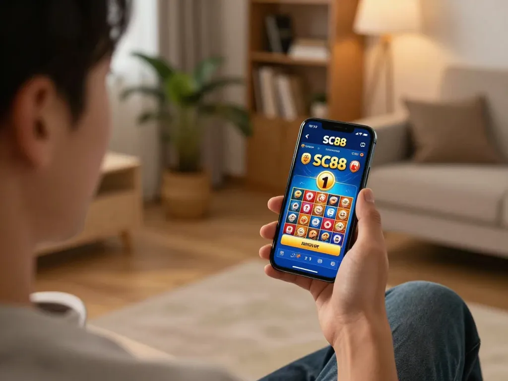 Player enjoying SC88 on mobile, celebrating a win in a cozy living room setting.