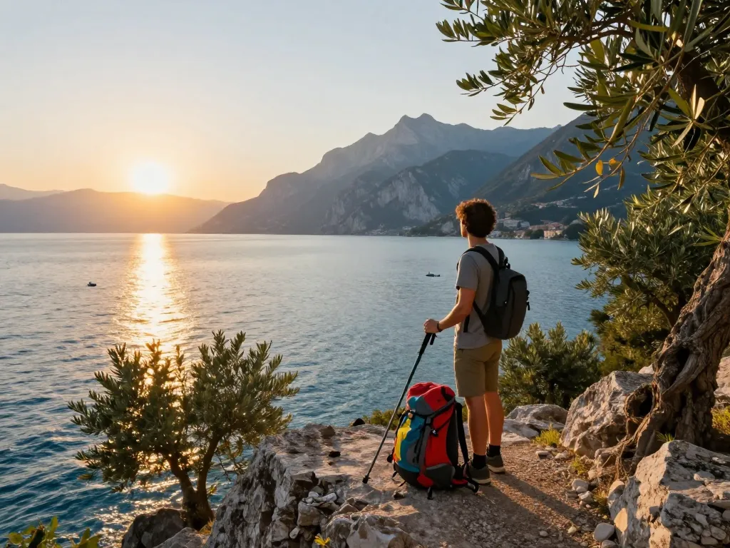 Beeindruckende Gardasee Reisetipps Szene mit Reisendem, der den See bei Sonnenuntergang überblickt, umgeben von Bergen und Grünflächen.