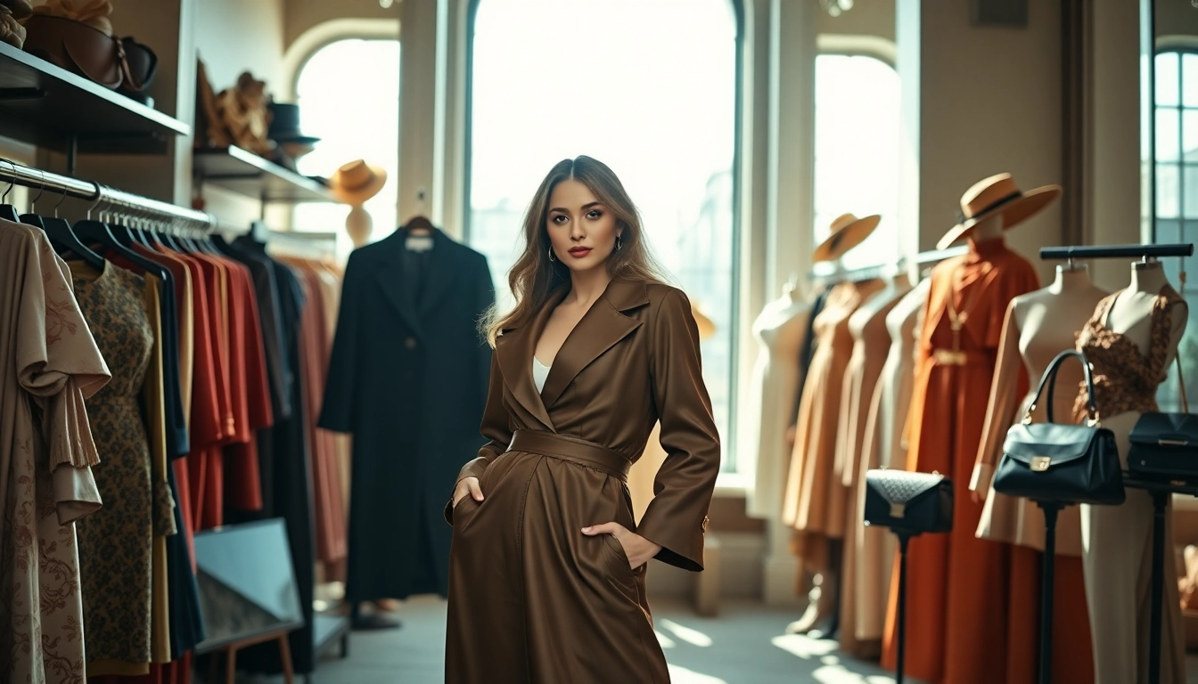 Alvionz features a luxury fashion model in an elegant boutique showcasing opulent garments.