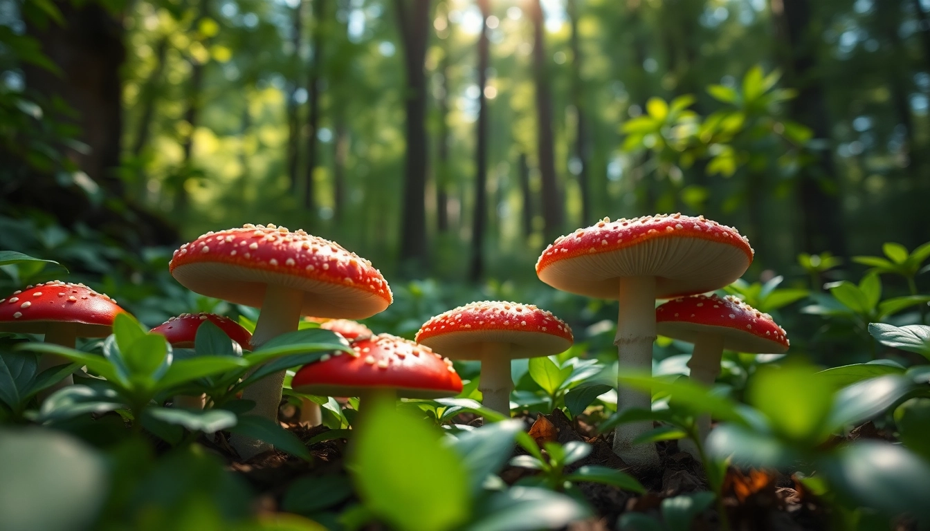Fliegenpilz kaufen – An enchanting close-up of Amanita muscaria mushrooms surrounded by lush foliage.