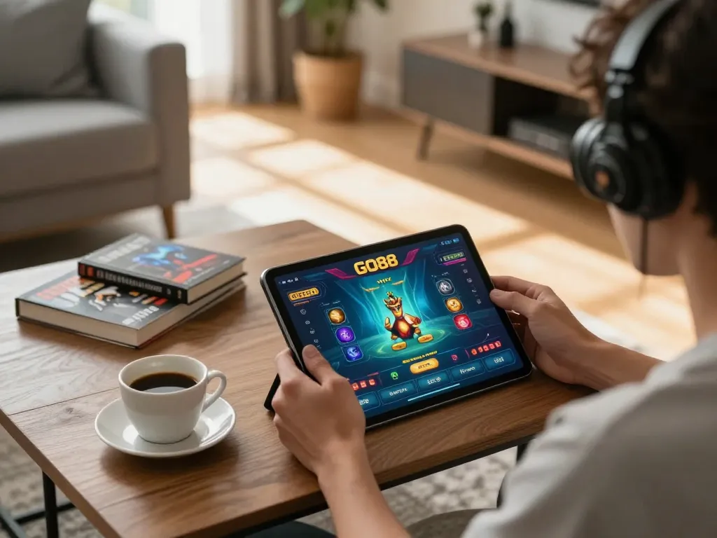 Player immersed in GO88 online gaming on tablet showcasing vibrant app graphics in cozy home setting.